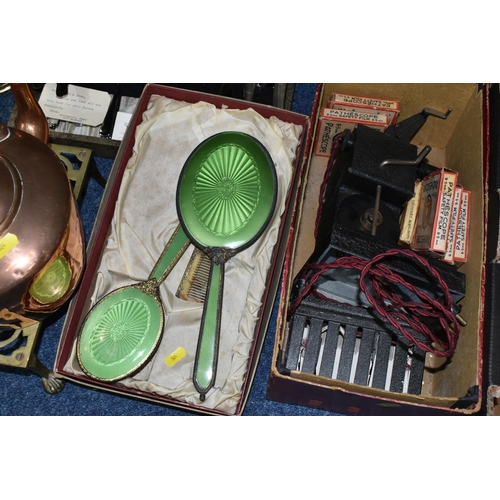 524 - TWO BOXES AND LOOSE METALWARES, CASED CUTLERY, COSTUME DOLLS, DRESSING TABLE ITEMS, ETC, including a... 