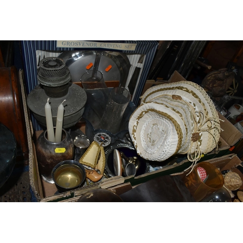 524 - TWO BOXES AND LOOSE METALWARES, CASED CUTLERY, COSTUME DOLLS, DRESSING TABLE ITEMS, ETC, including a... 