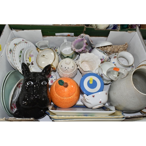 525 - FOUR BOXES OF ASSORTED CERAMICS AND GLASSWARE, including Wade Whimsies of Nursery Rhyme characters a... 