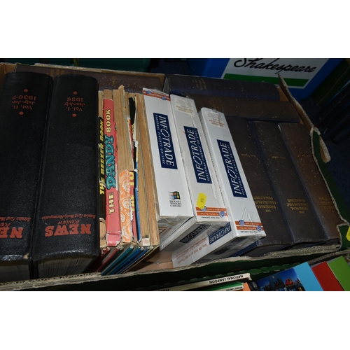 526 - FOUR BOXES OF BOOKS AND MAGAZINES, ETC, including Bibby's Annuals 1917, 1918 and 1921, an original P... 