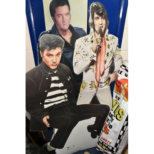 529 - THREE CARDBOARD CUT OUTS OF ELVIS PRESLEY, A THREE FOLD SCREEN PRINTED WITH ELVIS AND A PRINTED PONT... 