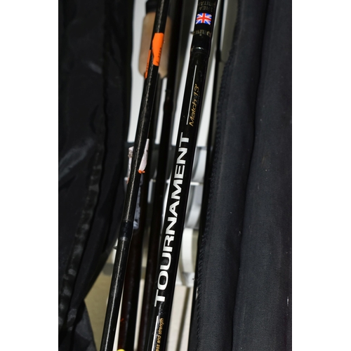 530 - SIX ASSORTED COURSE FISHING RODS, comprising a Daiwa13ft Tournament Match rod, Daiwa Emblem 12ft 2 3... 