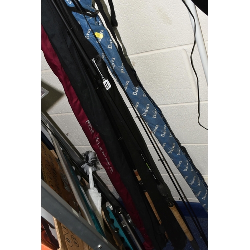 533 - SEVEN ASSORTED COARSE FISHING RODS, comprising two Korum 3 Generation 12ft 1.5t/c multi feeder rods,... 