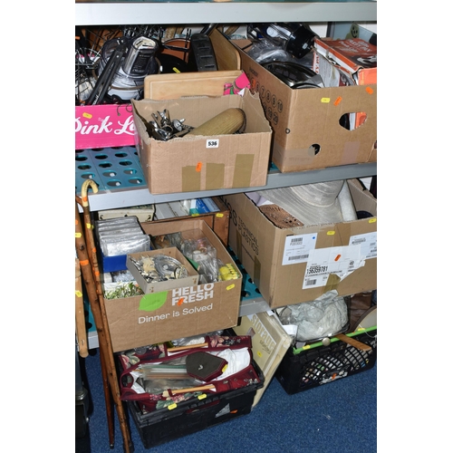 536 - EIGHT BOXES OF KITCHEN ALIA, LADIES HATS,CRAFTING AND NEEDLEWORK, ETC, including two walking sticks ... 