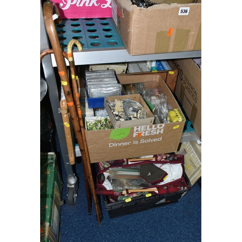 536 - EIGHT BOXES OF KITCHEN ALIA, LADIES HATS,CRAFTING AND NEEDLEWORK, ETC, including two walking sticks ... 