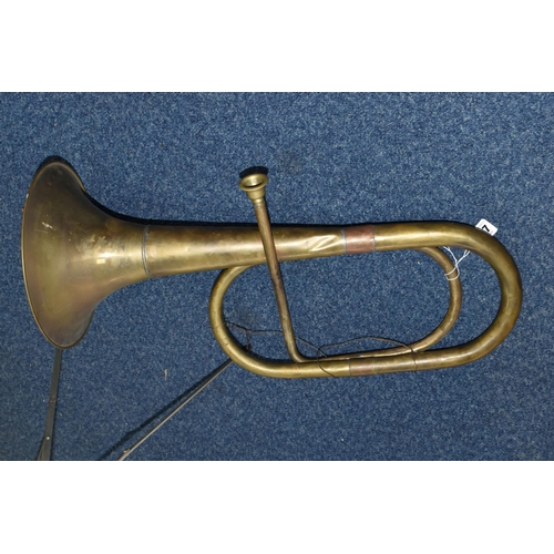 537 - A BRASS VALVELESS MUSICAL INSTRUMENT, unbranded height 58cm together with a folding metal music stan... 