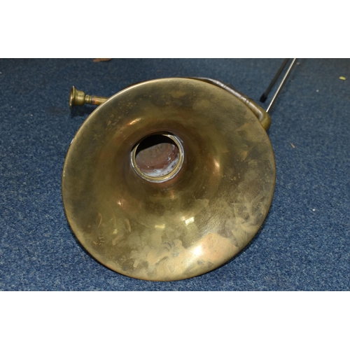 537 - A BRASS VALVELESS MUSICAL INSTRUMENT, unbranded height 58cm together with a folding metal music stan... 