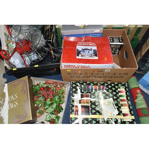 539 - TWO BOXES OF CHRISTMAS DECORATIONS AND THREE BOXED ARTIFICIAL CHRISTMAS TREES to include lights, fre... 