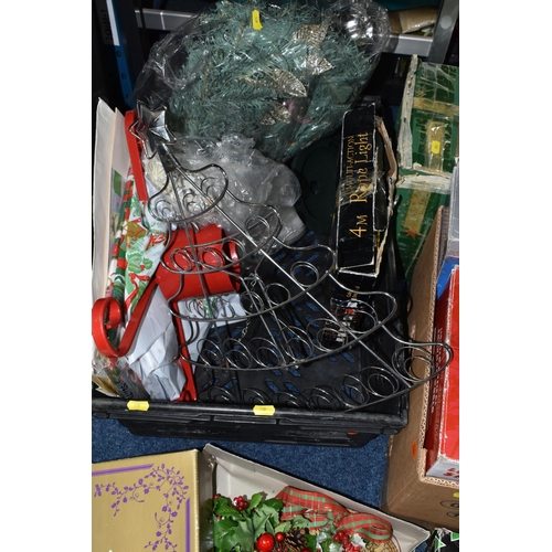 539 - TWO BOXES OF CHRISTMAS DECORATIONS AND THREE BOXED ARTIFICIAL CHRISTMAS TREES to include lights, fre... 