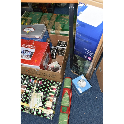 539 - TWO BOXES OF CHRISTMAS DECORATIONS AND THREE BOXED ARTIFICIAL CHRISTMAS TREES to include lights, fre... 