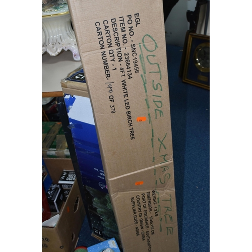 539 - TWO BOXES OF CHRISTMAS DECORATIONS AND THREE BOXED ARTIFICIAL CHRISTMAS TREES to include lights, fre... 