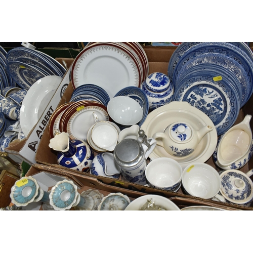 544 - FIVE BOXES OF MIXED CERAMICS, METALWARES, ETC, to include a large quantity of Willow pattern dinnerw... 