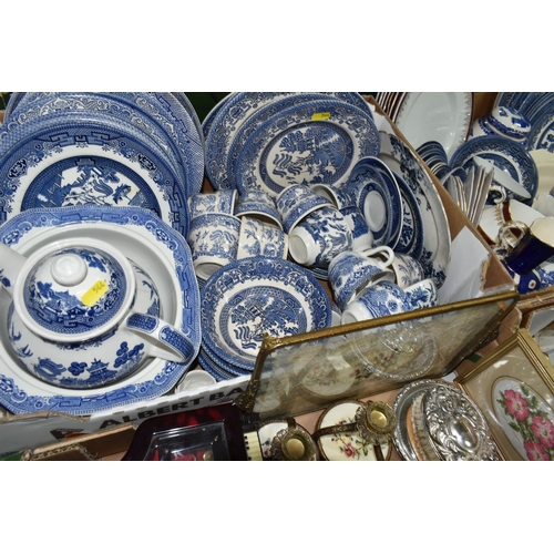 544 - FIVE BOXES OF MIXED CERAMICS, METALWARES, ETC, to include a large quantity of Willow pattern dinnerw... 