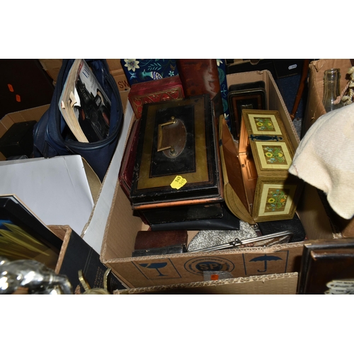 545 - FIVE BOXES AND LOOSE ASSORTED SUNDRY ITEMS AND PICTURES, to include a quantity of sporting trophies,... 