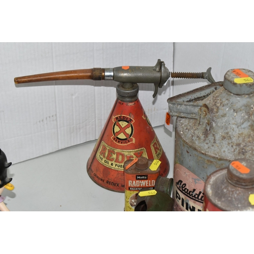 546 - A REDEX OIL AND FUEL ADDITIVE DISPENSER, with a Pink Paraffin can, small Castrol jug, Shell X-100 Oi... 