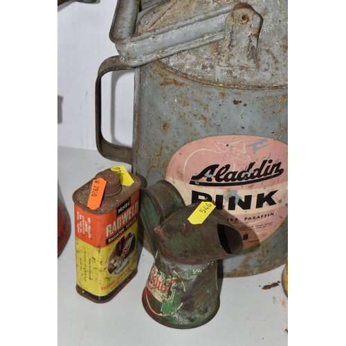 546 - A REDEX OIL AND FUEL ADDITIVE DISPENSER, with a Pink Paraffin can, small Castrol jug, Shell X-100 Oi... 