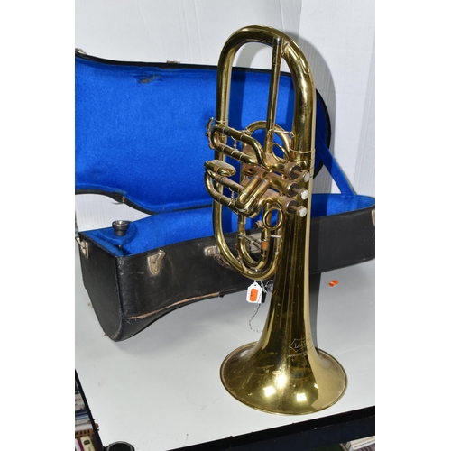 549 - AN EB MARCHING TENOR HORN with original manufacturers mark on the instrument, imported by Boosey & H... 