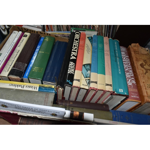 550 - FIVE BOXES OF ASSORTED BOOKS, to include a large quantity of reference, history, local interest, rel... 