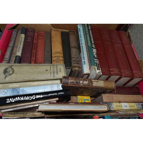 550 - FIVE BOXES OF ASSORTED BOOKS, to include a large quantity of reference, history, local interest, rel... 