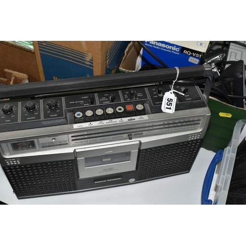 551 - TWO BOXES AND LOOSE QUANTITY OF ASSORTED AUDIO-VISUAL EQUIPMENT, to include two pairs of Voyager hea... 