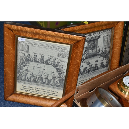 554 - A BOX AND LOOSE OF WOODEN DECORATIVE ITEMS AND FRAMED PRINTS, to include an antique Junghan's wall c... 