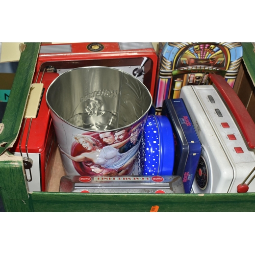 558 - TWO BOXES OF MODERN ADVERTISING AND NOVELTY TINS ETC., to include Spirit of Radio Schnapps tin and c... 