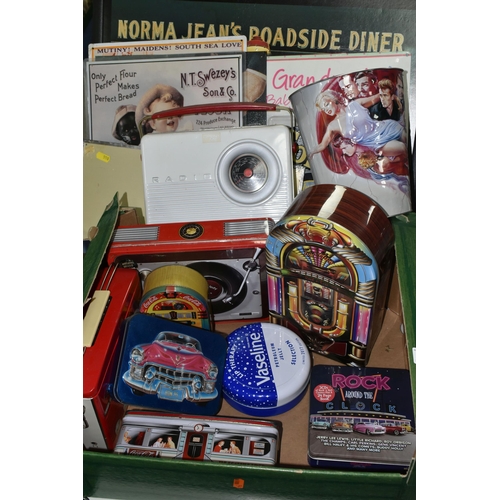 558 - TWO BOXES OF MODERN ADVERTISING AND NOVELTY TINS ETC., to include Spirit of Radio Schnapps tin and c... 