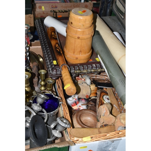 559 - FOUR BOXES AND LOOSE, METALWARES, TYPEWRITERS, MANTEL CLOCKS, PRINTS AND SUNDRIES, ETC, to include a... 