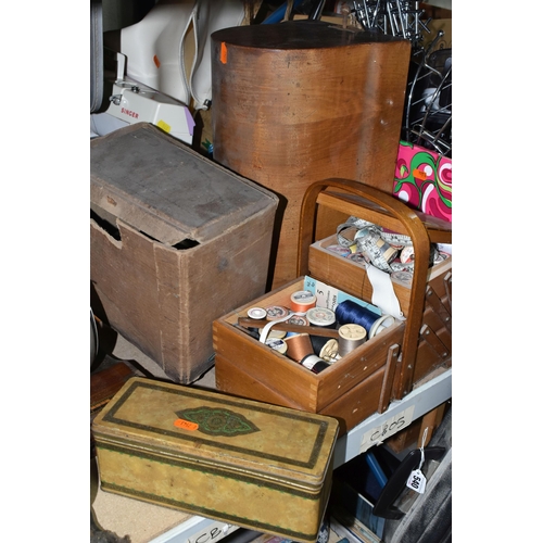 566 - TWO BOXES AND LOOSE SEWING MACHINES, HABERDASHERY, TEXTILES AND NEEDLEWORK EQUIPMENT, to include a s... 