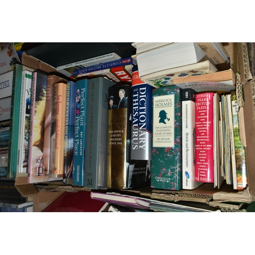 567 - SIX BOXES OF BOOKS, approximately one hundred and thirty hardback and paperback titles, genres to in... 