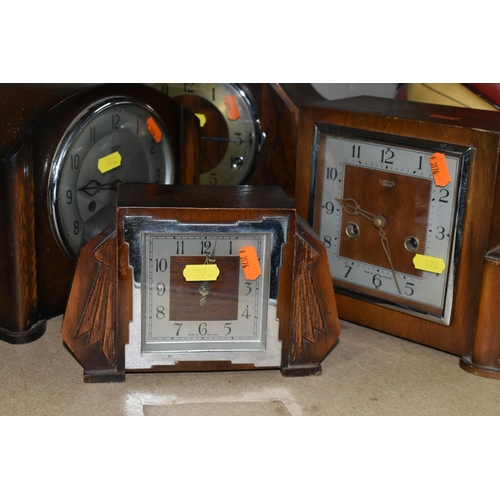 572 - SIX CLOCKS, mainly wooden cased mantel clocks, first half/mid twentieth century, by Smiths, mainly, ... 