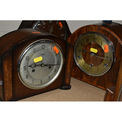 572 - SIX CLOCKS, mainly wooden cased mantel clocks, first half/mid twentieth century, by Smiths, mainly, ... 