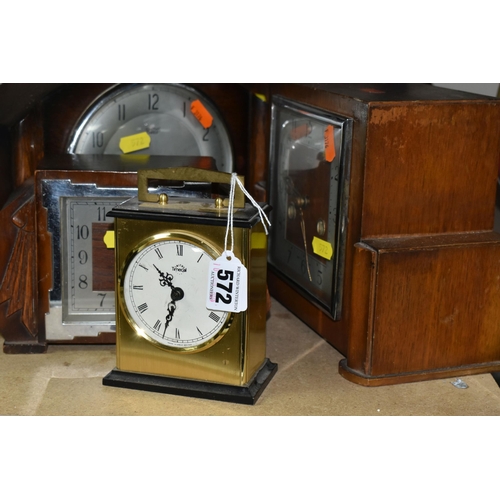 572 - SIX CLOCKS, mainly wooden cased mantel clocks, first half/mid twentieth century, by Smiths, mainly, ... 