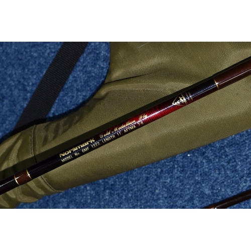 576 - THREE TWO PIECE FLY RODS, comprising a Normark 11ft model GMF1322 7/8 weight rod, two unbranded 7/8 ... 