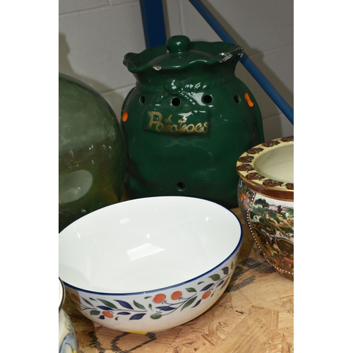 577 - A GROUP OF LARGE CERAMICS, GLASS CARBOY AND TROPHY, to include a modern oriental fish bowl style pla... 