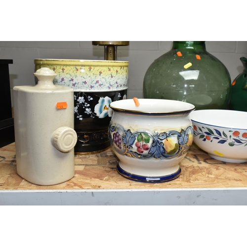 577 - A GROUP OF LARGE CERAMICS, GLASS CARBOY AND TROPHY, to include a modern oriental fish bowl style pla... 