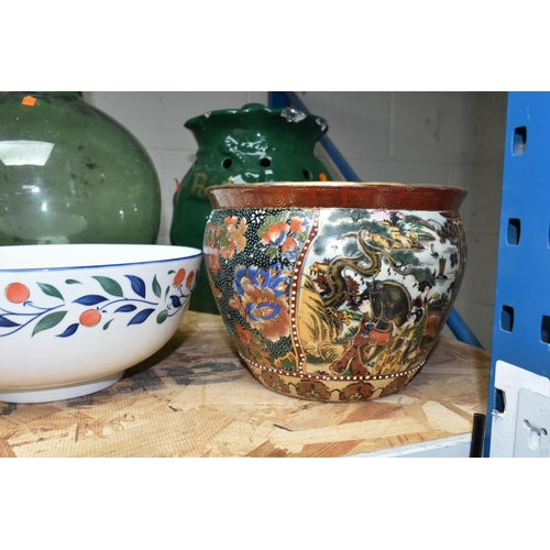 577 - A GROUP OF LARGE CERAMICS, GLASS CARBOY AND TROPHY, to include a modern oriental fish bowl style pla... 