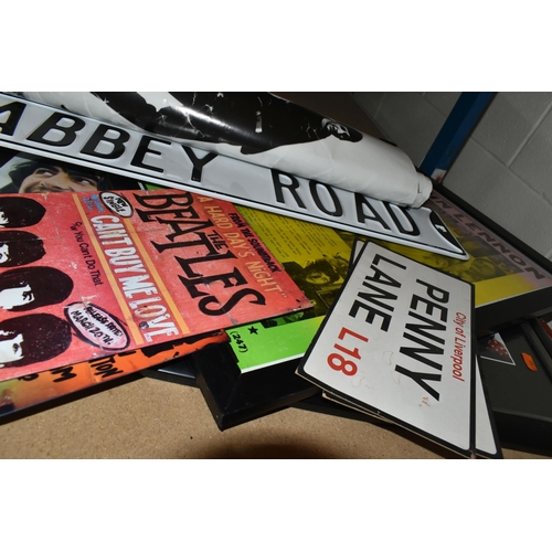 580 - A COLLECTION OF 'THE BEATLES' MEMORABILIA, to include modern metal signs, including a street sign st... 