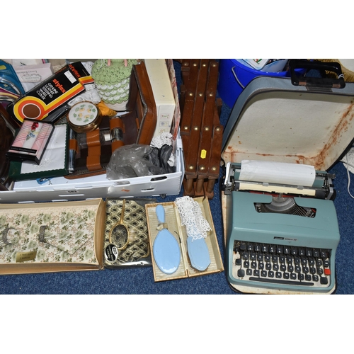 583 - A BOX AND LOOSE BASKETS, TABLE LAMPS, TYPEWRITERS, VINTAGE TOILETRIES AND SUNDRY ITEMS, to include v... 