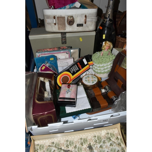 583 - A BOX AND LOOSE BASKETS, TABLE LAMPS, TYPEWRITERS, VINTAGE TOILETRIES AND SUNDRY ITEMS, to include v... 