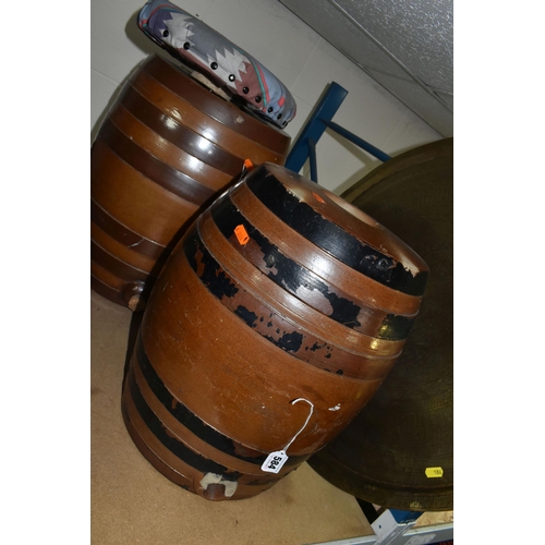 584 - TWO SALT GLAZED SHERRY BARRELS, no maker's mark, height 41cm, together with a Middle Eastern design ... 