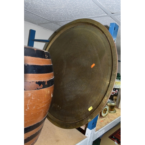 584 - TWO SALT GLAZED SHERRY BARRELS, no maker's mark, height 41cm, together with a Middle Eastern design ... 