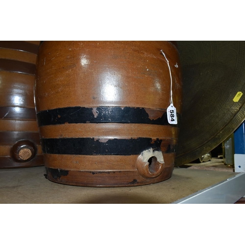 584 - TWO SALT GLAZED SHERRY BARRELS, no maker's mark, height 41cm, together with a Middle Eastern design ... 