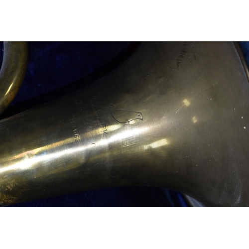 586 - A CASED LARK CORNET/BARITONE HORN, comprising a brass cornet, impressed marks Lark SHA -  M4062 in a... 