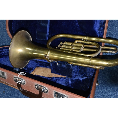 586 - A CASED LARK CORNET/BARITONE HORN, comprising a brass cornet, impressed marks Lark SHA -  M4062 in a... 