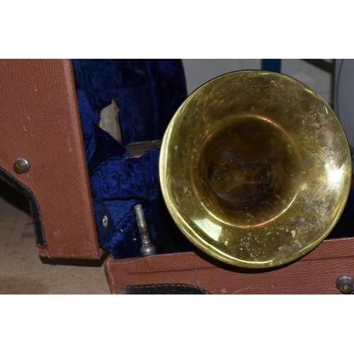 586 - A CASED LARK CORNET/BARITONE HORN, comprising a brass cornet, impressed marks Lark SHA -  M4062 in a... 