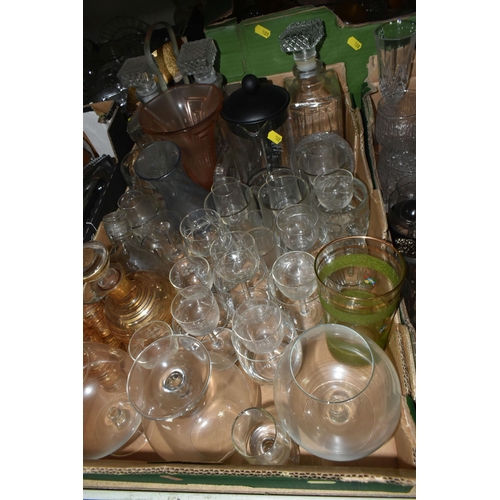 588 - FIVE BOXES AND LOOSE GLASSWARE, to include glass jelly moulds, mid-century drinking glasses, decante... 