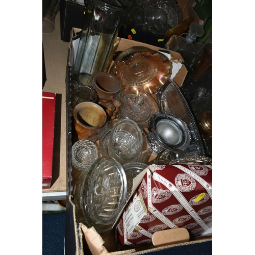 588 - FIVE BOXES AND LOOSE GLASSWARE, to include glass jelly moulds, mid-century drinking glasses, decante... 