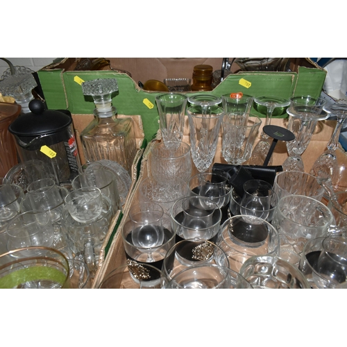 588 - FIVE BOXES AND LOOSE GLASSWARE, to include glass jelly moulds, mid-century drinking glasses, decante... 