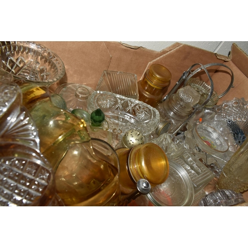 588 - FIVE BOXES AND LOOSE GLASSWARE, to include glass jelly moulds, mid-century drinking glasses, decante... 